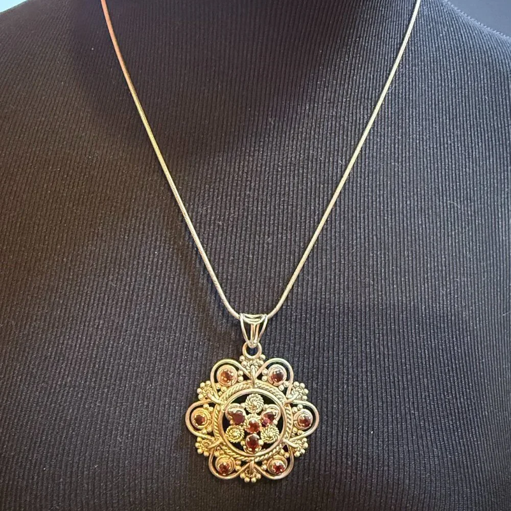 Sterling 925 and Garnet Bohemian Pendant with Sterling Silver 20 Inch Chain